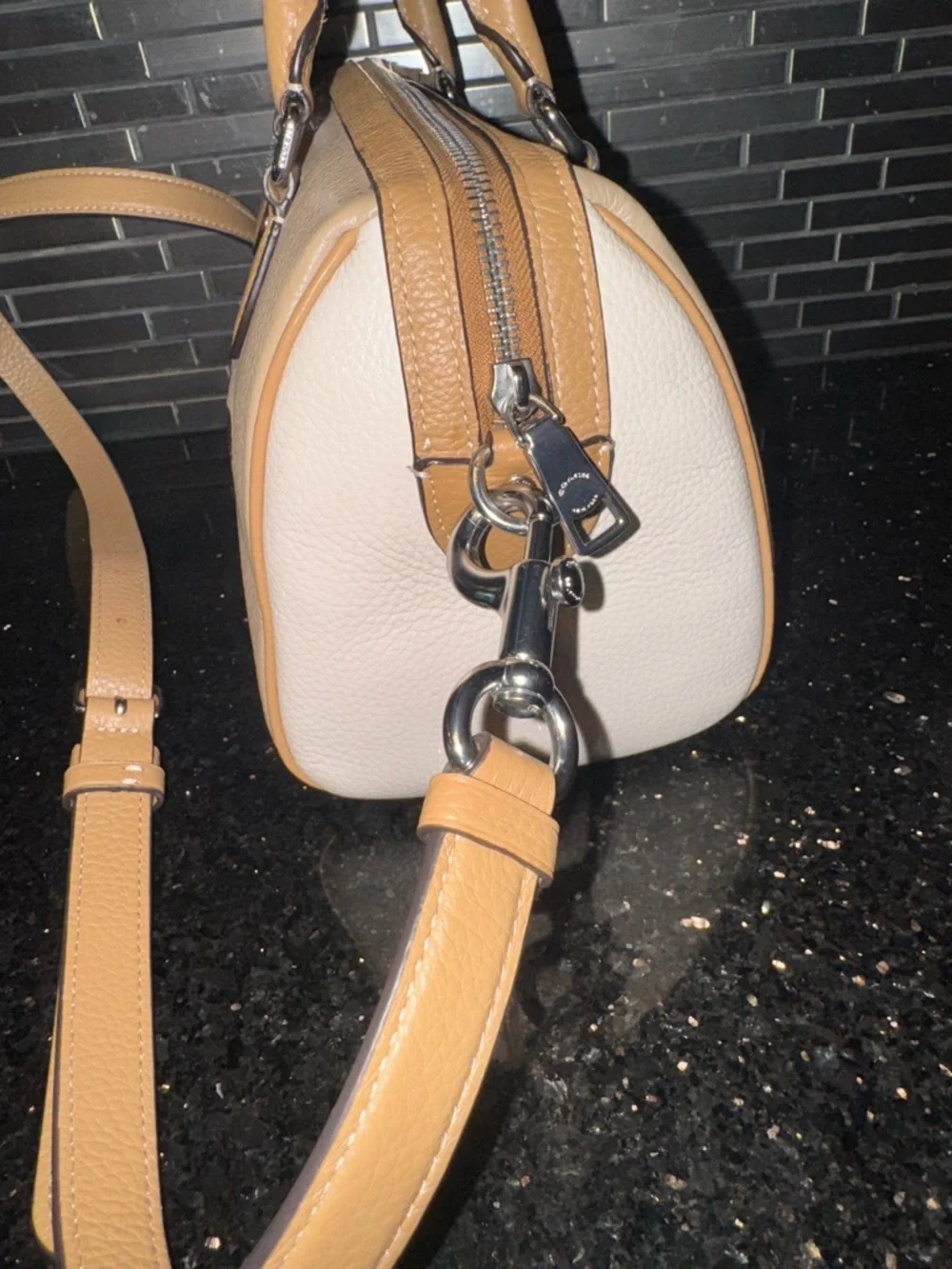 Coach Beige and Tan Leather Satchel with Crossbody Strap - Picture 8 of 10